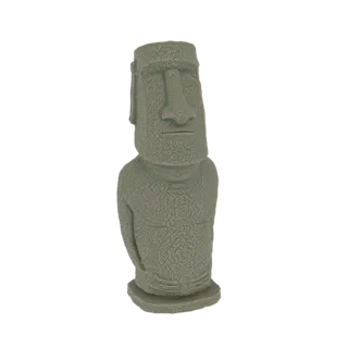 3D-модель текстурированной статуи Моаи, стоящая вертикально с характерными чертами лица и каменной текстурой.