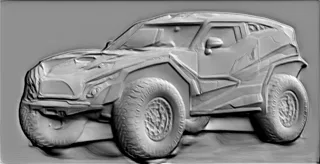 3D модель барельефа футуристичного внедорожника, вид сбоку, с крупными колесами и агрессивным дизайном