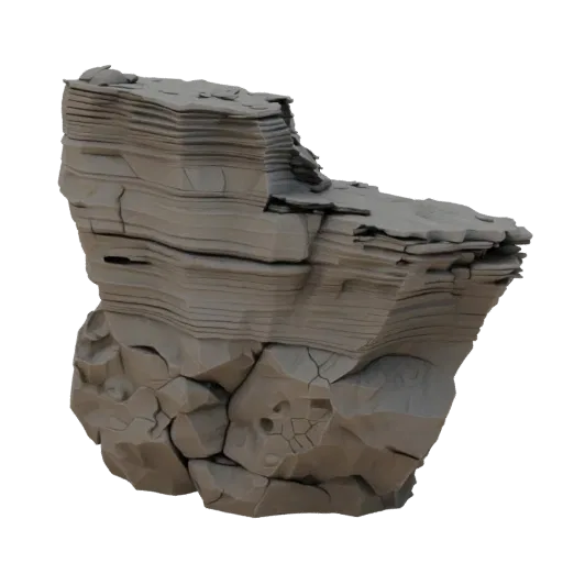 Береговая скальная полка Печатаемая 3D модель, изометрический рендер STL для настольных игр, показывающий слоистый камень, кр