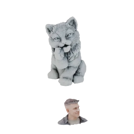 3D рендер милой серой статуэтки котенка, сидящего с лапой у рта, с любопытством смотрящего в сторону.