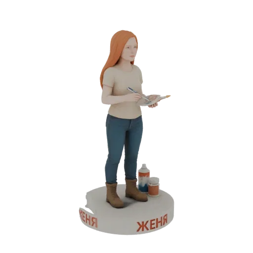 3D модель художницы с рыжими волосами, держащей палитру и кисть, стоящей на подставке с бутылочками краски и именем 'ЖЕНЯ'.