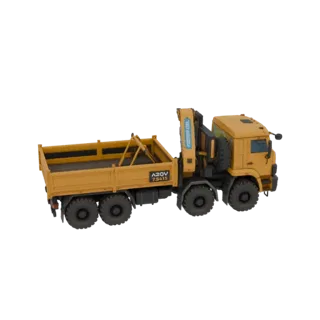 3D модель желтого автокрана с поднятой стрелой и платформой, вид с трехчетвертного ракурса.