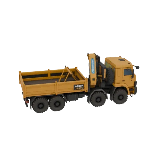 3D модель желтого автокрана с поднятой стрелой и платформой, вид с трехчетвертного ракурса.