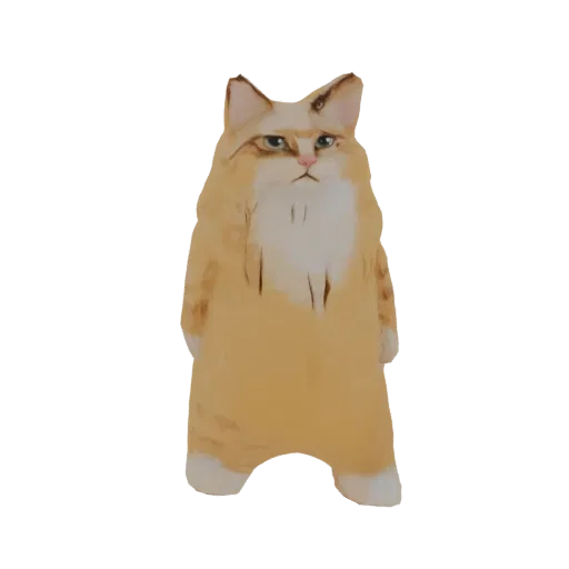 3D рендер пушистого рыжего кота, стоящего вертикально с немного хмурым выражением, на белом фоне.