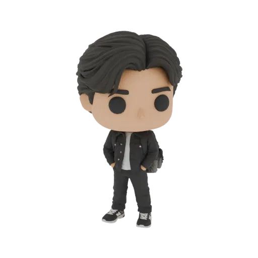 3D модель мужского персонажа в стиле Funko Pop, одетого в куртку, футболку, брюки, кроссовки и рюкзак.