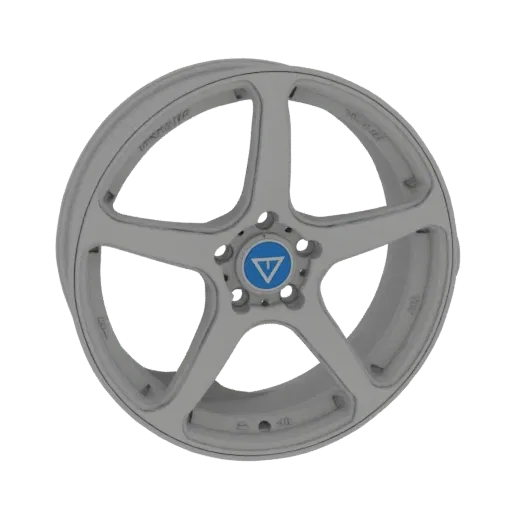 3D рендер серебряного литого диска на 5 спиц с синей центральной крышкой с белым треугольным логотипом, изолированный на бело