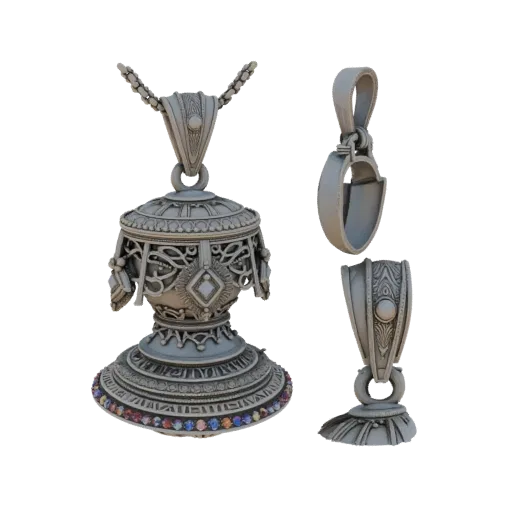 Детализированная 3D-модель Витиеватого кулона, студийный рендер с перспективой, подчеркивающий форму и детали отделки кулона.