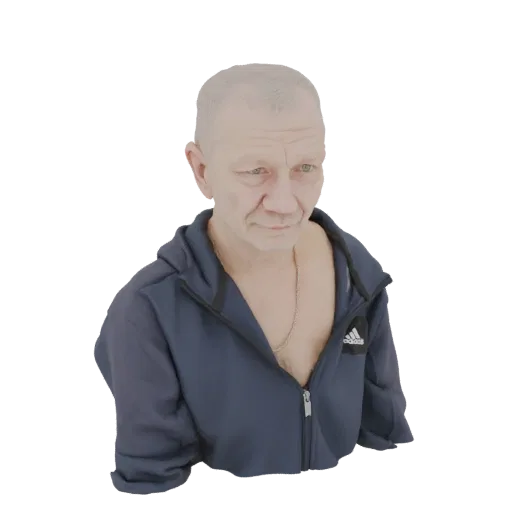 3D модель бюста пожилого мужчины с седеющими волосами, в синей куртке на молнии, на белом фоне.