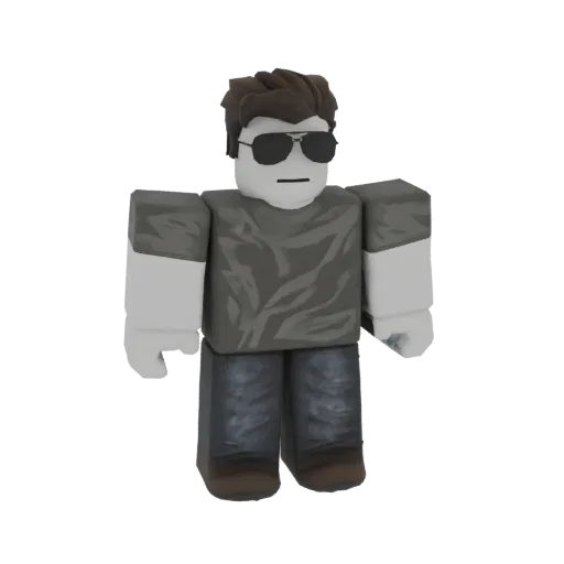 3D модель персонажа в стиле Roblox в солнцезащитных очках, серой футболке и синих джинсах, стоящего на белом фоне.
