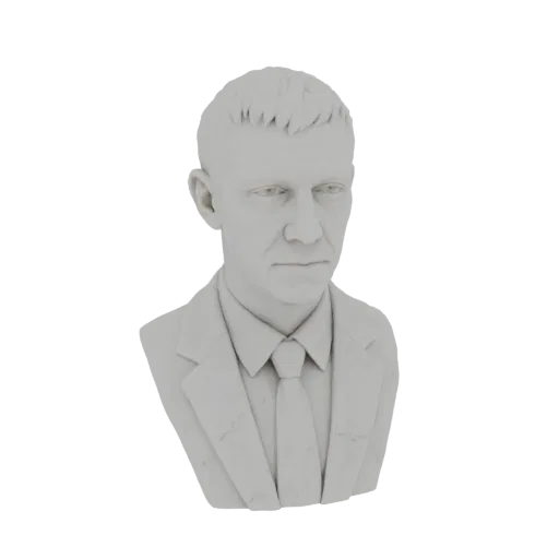 Рендер 3D модели монохромного бюста мужчины в костюме и галстуке, вид слегка сбоку.