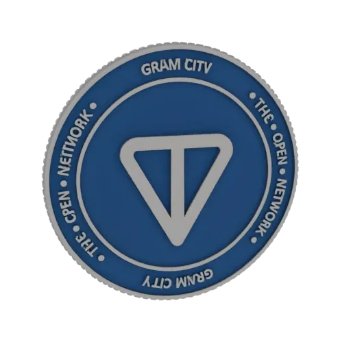3D рендер монеты Gram City с надписью 'The Open Network' и центральным логотипом 'V'.