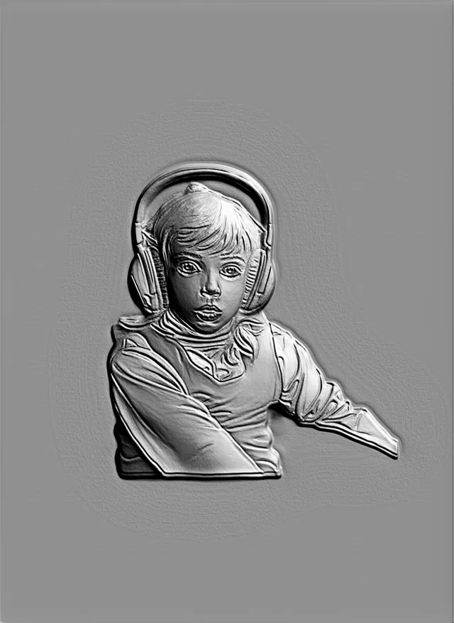 3D модель барельефа ребенка в наушниках, выполненного в виде медальона, с детальной проработкой черт лица и одежды.