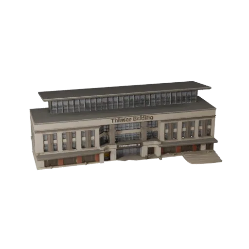 Реалистичная 3D модель здания театра, вид с трех четвертей снаружи, показывающий материалы общедоступного здания и архитектур