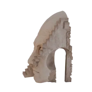 3D модель сюрреалистической скульптуры с профилем человеческого лица, интегрированным с каменной аркой и лестницей.