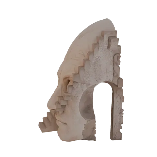 3D модель сюрреалистической скульптуры с профилем человеческого лица, интегрированным с каменной аркой и лестницей.