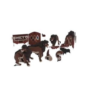 3D модель группы стилизованных львов со знаком "ROMETTO" на заднем плане, представленных в различных позах.