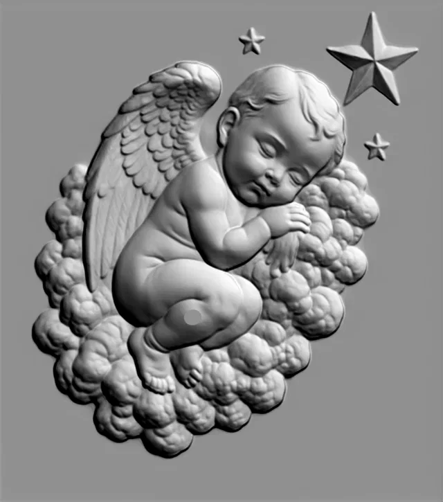 3D модель барельефа спящего ангела на облаке, окруженного звездами, в стиле классической скульптуры.