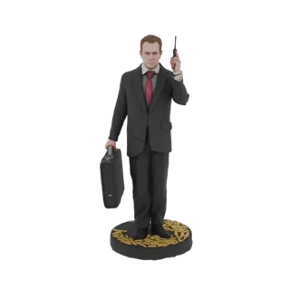 3D модель бизнесмена в темном костюме с портфелем и рацией, стоящего на основании из золотых пуль.