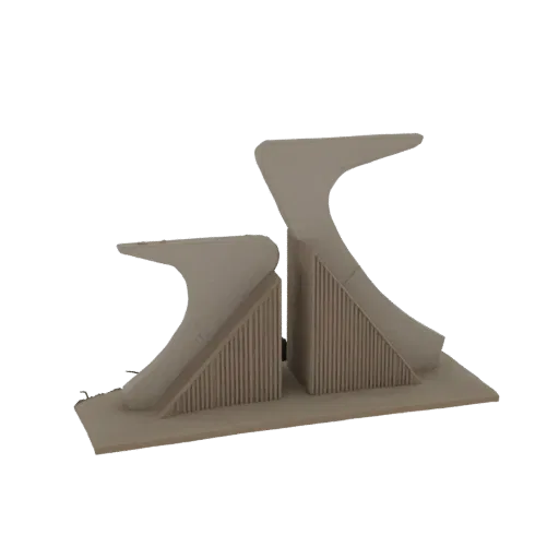 3D рендер пары футуристичных геометрических подставок для книг с текстурированными вертикальными ребрами, расположенных на пр