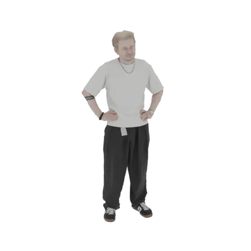 3D модель повседневно одетого мужчины со светлыми волосами, стоящего с руками на бедрах, в футболке и темных брюках.