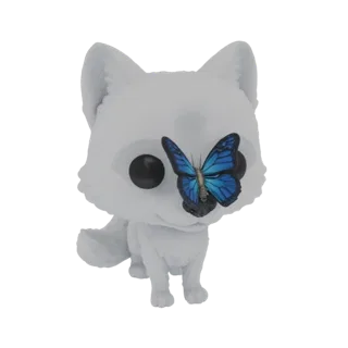 3D-модель белой Арктической Лисы Funko Pop с синей бабочкой на носу на белом фоне.