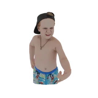 3D модель мальчика в черной кепке и синих узорных плавках, принимающего рок-н-ролльную позу с решительным выражением лица.