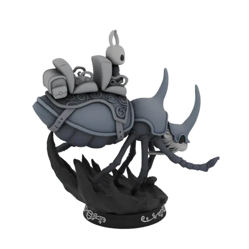 3D модель Рыцаря из Hollow Knight верхом на жуке-носороге, с замысловатыми деталями и богато украшенным основанием, на черном