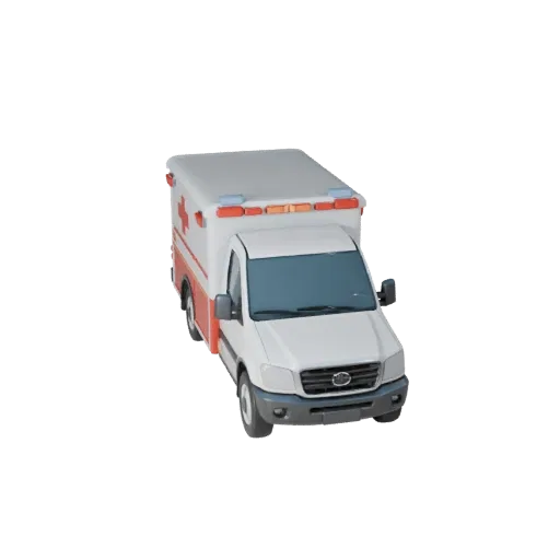 3D-модель скорой помощи, вид в три четверти в студии, готовый к анимации объект транспортного средства с линиями кузова, осте