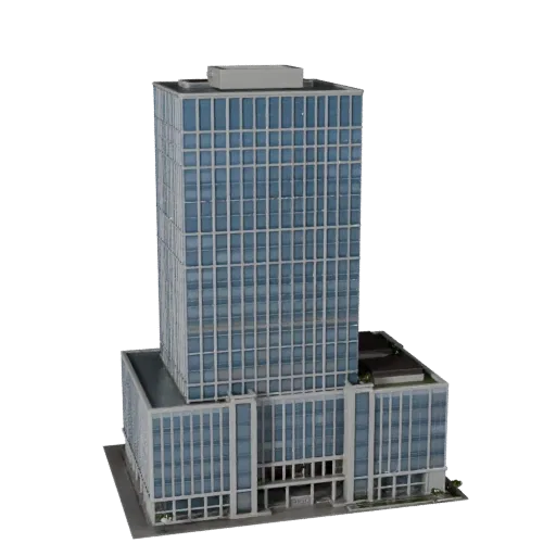 Реалистичная 3D модель многофункционального небоскреба, вид с трех четвертей снаружи, показывающий материалы коммерческого оф