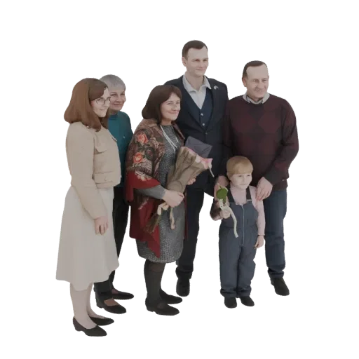 3D модель семьи, позирующей для портрета, включая взрослых и ребенка.