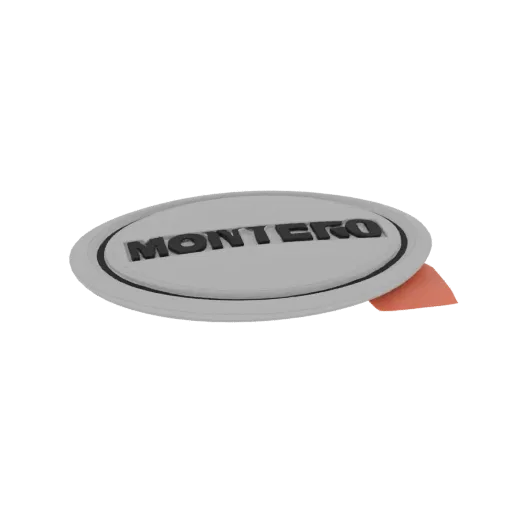3D model of a silver oval Montero emblem with raised black text, showing a slight orange backing.