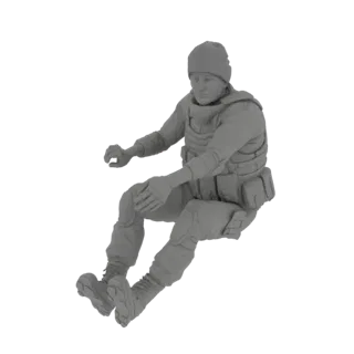 3D модель солдата, сидящего, в шапке-бини и тактическом жилете, с детализированными подсумками и ботинками.