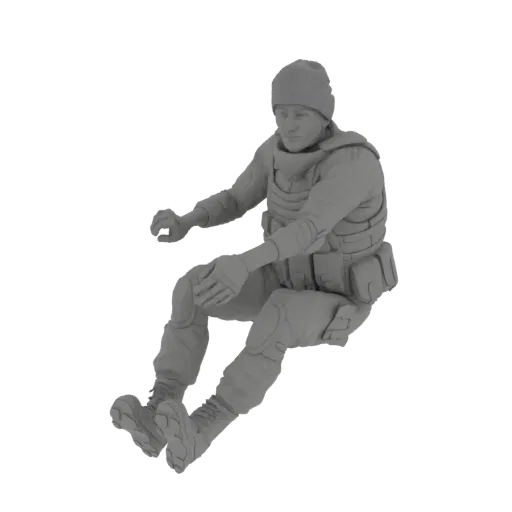 3D модель солдата, сидящего, в шапке-бини и тактическом жилете, с детализированными подсумками и ботинками.