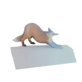 3D рендер светло-коричневой лисы, растягивающейся на белой снежной поверхности, с вытянутыми вперед передними лапами.
