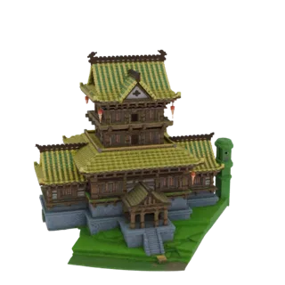 3D модель японского здания в стиле пагоды с зеленой черепичной крышей, деревянной конструкцией и красными фонарями, на зелено