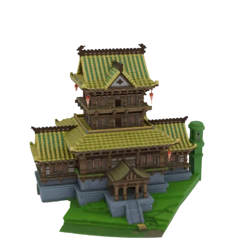 3D модель японского здания в стиле пагоды с зеленой черепичной крышей, деревянной конструкцией и красными фонарями, на зеленом травяном основании.