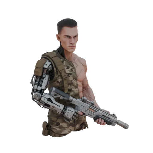 3D модель киборга-солдата с камуфляжным жилетом, роботизированной рукой и винтовкой на белом фоне.