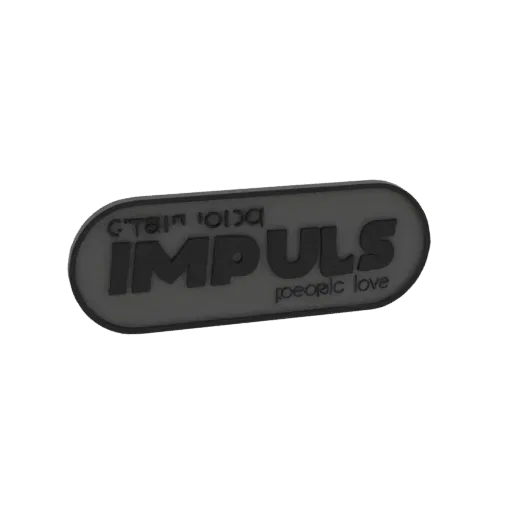 3D модель овальной эмблемы с крупными объемными буквами 'IMPULS' и стилизованным текстом сверху и снизу.