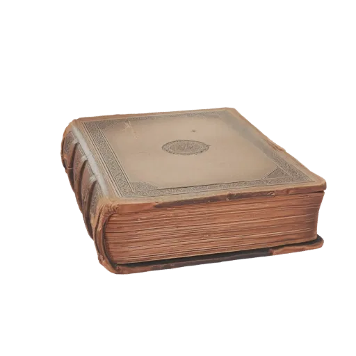 3D модель старинной книги в кожаном переплете с состаренными страницами и витиеватой обложкой, вид сбоку.