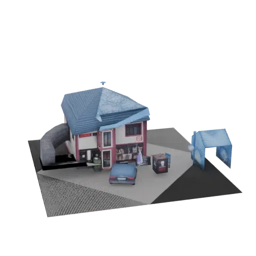 3D модель уютного углового магазина с синей крышей, припаркованной синей машиной и небольшой прилегающей постройкой на тексту