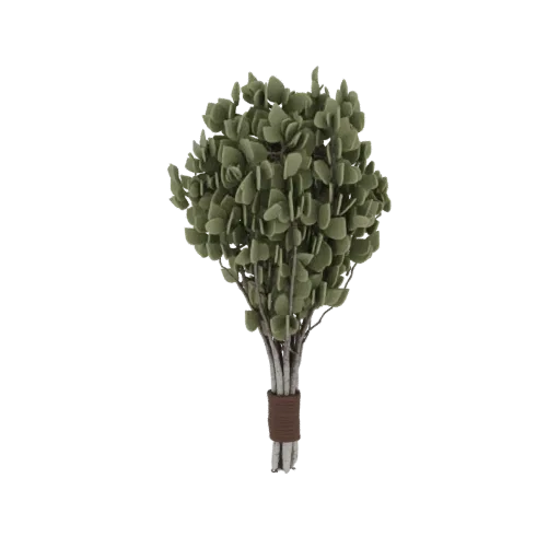 3D модель венской метлы из веток с пучком веток, обвязанных на ручке, на белом фоне.