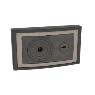 3D модель конфорки винтажной плиты с концентрическими кругами и прорезью в форме замочной скважины на белом фоне.