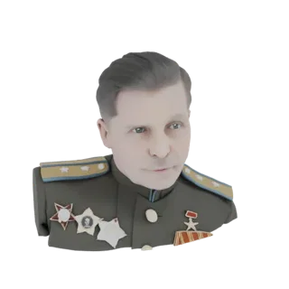 Рендер 3D модели бюста советского генерала, показывающий детализированное лицо, военную форму с эполетами и несколько видных