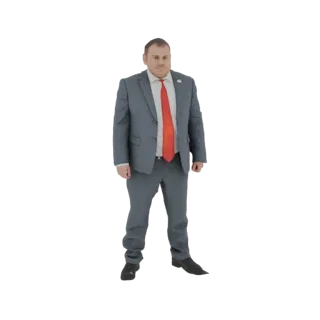 3D модель мужчины в сером костюме и красном галстуке, стоящего в уверенной позе на белом фоне.