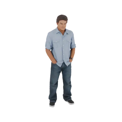 3D модель мужчины в синей рубашке и джинсах, стоящего с руками в карманах, на белом фоне.