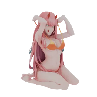 3D модель Zero Two из Darling in the Franxx в оранжевом бикини, сидящая, держащая лямки бикини.