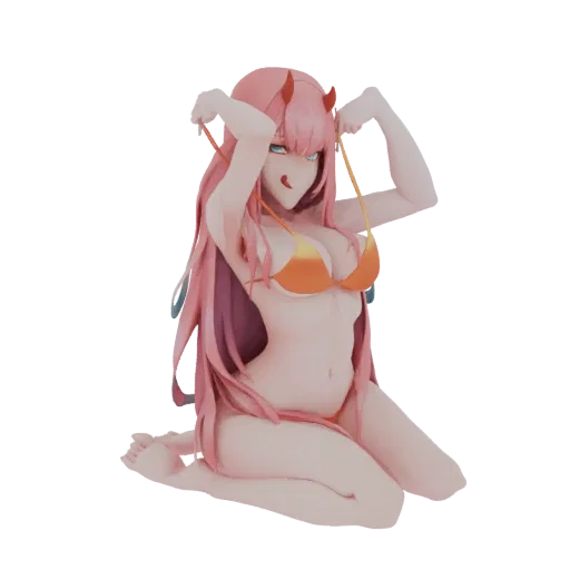 3D модель Zero Two из Darling in the Franxx в оранжевом бикини, сидящая, держащая лямки бикини.