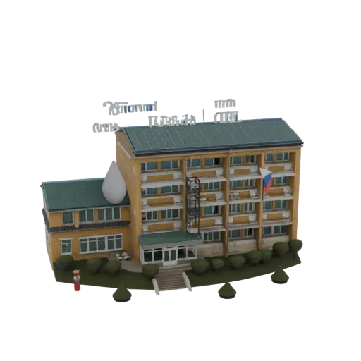 3D модель современного многоквартирного дома с желтым фасадом, зеленой крышей и российским флагом.