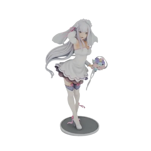 3D модель Эмилии из Re:Zero в белом свадебном платье с букетом, на круглой подставке.