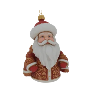 3D-модель ёлочной игрушки "Дед Мороз" в красном костюме с золотым орнаментом и белой отделкой на белом фоне.